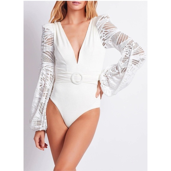 PATBO METALLIC LACE PLUNGE LONG SLEEVE ONEPIECE SWIMSUIT / BODYSUIT WHITE S NWT - Picture 9 of 11